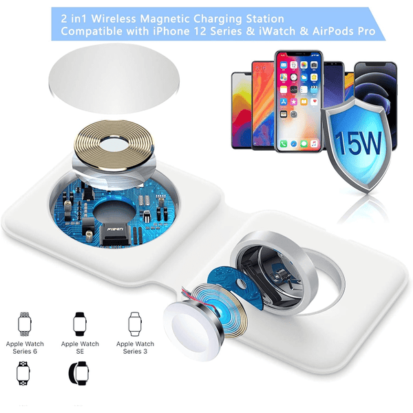 Magnetic Duo Wireless Charger, 2 in 1 Portable Foldable Power Station for Apple Watch 7/6/5/4/3/2, Multiple Device Wireless Charger for iPhone, AirPods
