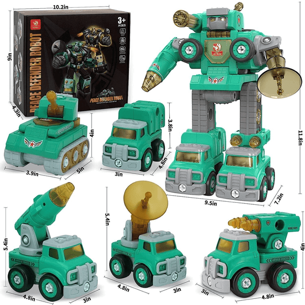 5 IN 1 PEACE DEFENDER ROBOT STEM TOY, 5 TRUCKS THAT TRANSFORM INTO GIANT ROBOT