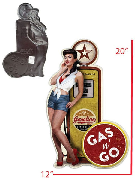 Metal Shaped & Embossed Sign - Gas Pump Pin Up Girl Brunette