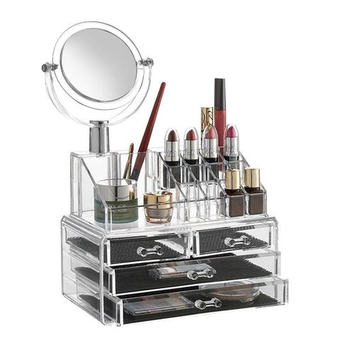 Health & Beauty - Acrylic 4-Drawer Cosmetic Organizer With Detachable Mirror