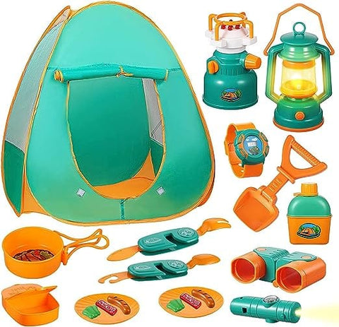 20 PCS Kids Camping Playset for Outdoor Pretend Play, Foldable Portable Play Tent Playhouse for Children Toddlers,Outdoor Toys Camping Tool Kit with Binoculars, Gas Stove, Oil Lamp, Play Foods, Kids Camping Gear Set