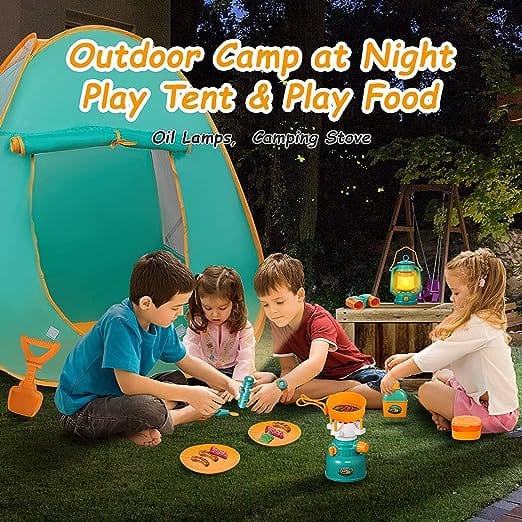 20 PCS Kids Camping Playset for Outdoor Pretend Play, Foldable Portable Play Tent Playhouse for Children Toddlers,Outdoor Toys Camping Tool Kit with Binoculars, Gas Stove, Oil Lamp, Play Foods, Kids Camping Gear Set