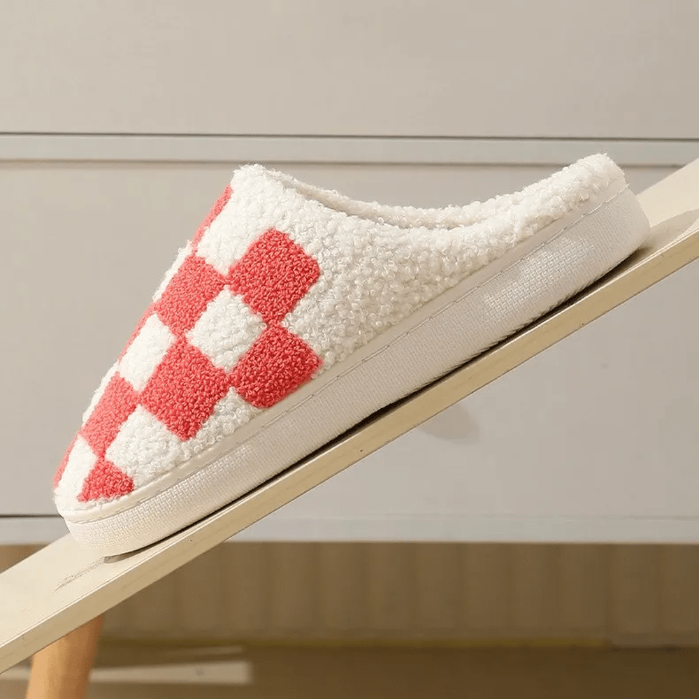 Warm & Cozy Checkered Print Plush Slide Slippers