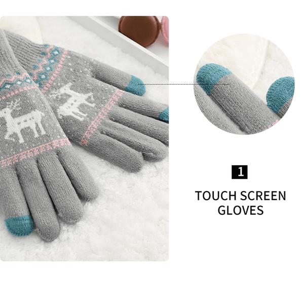 WARM, WINTER-READY, TOUCH-SCREEN-COMPATIBLE, THICKENED DOUBLE-LAYERED KNITTED GLOVES WITH A CARTOON DEER PATTERN