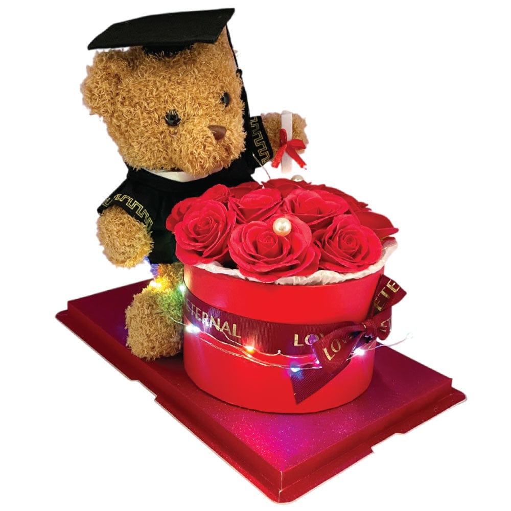 GRADUATION BEAR &/ROSE BOUQUET W/LIGHT - RED COLOUR