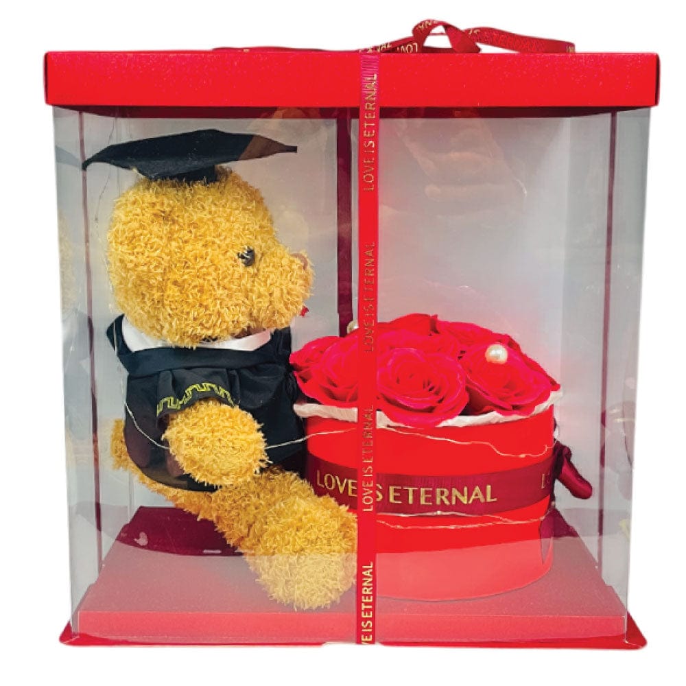 GRADUATION BEAR &/ROSE BOUQUET W/LIGHT - RED COLOUR