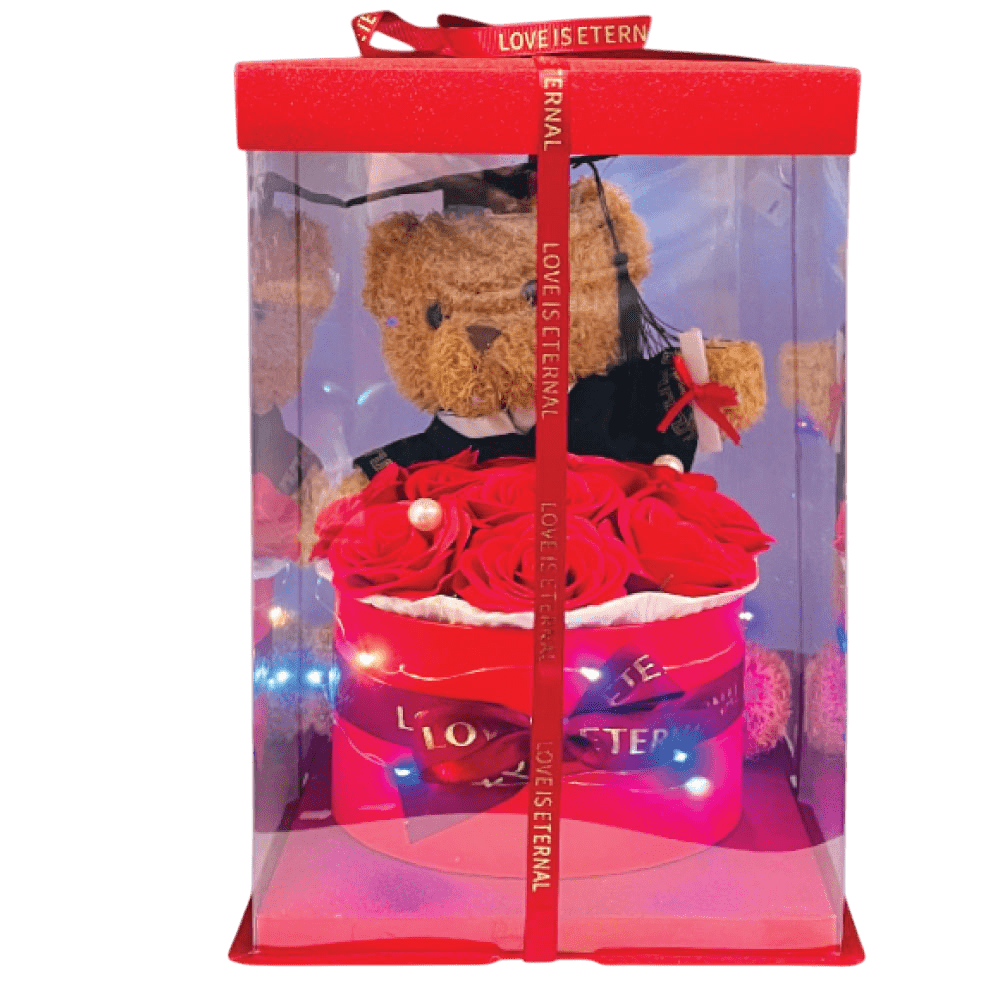 GRADUATION BEAR &/ROSE BOUQUET W/LIGHT - RED COLOUR