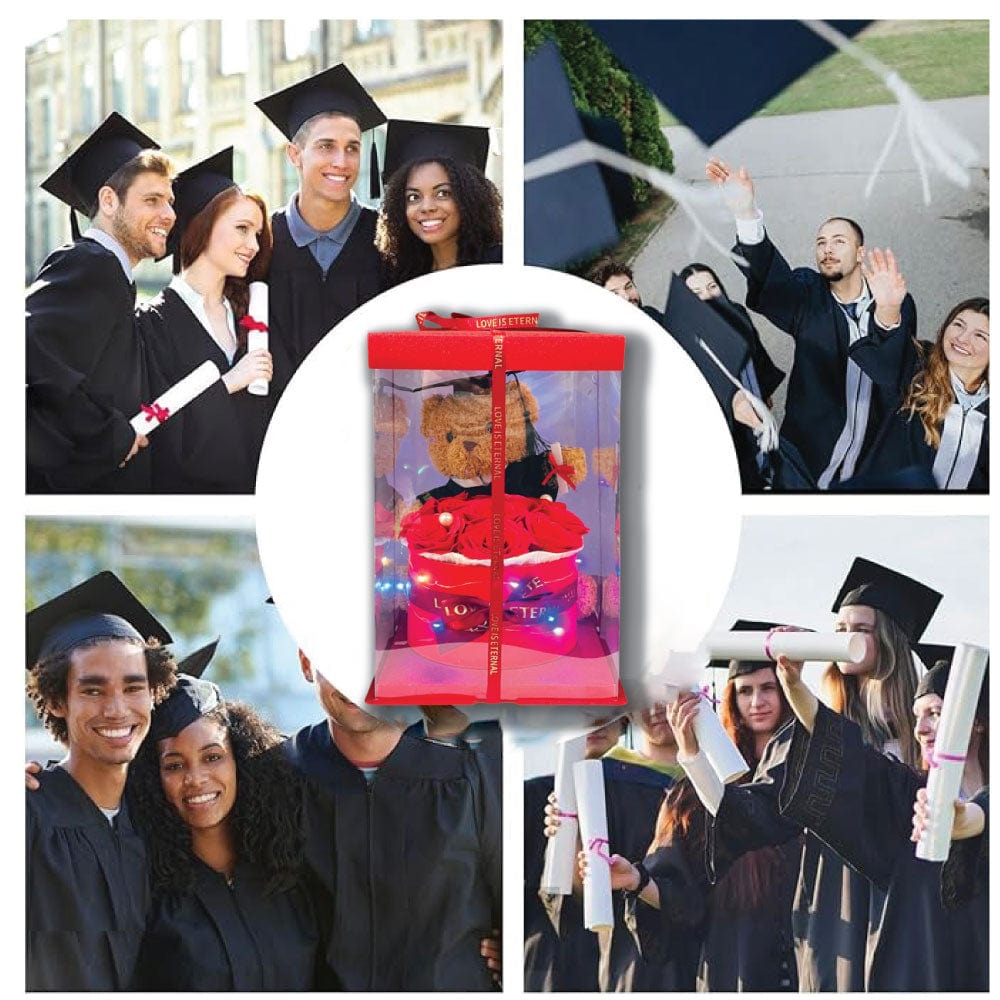 GRADUATION BEAR &/ROSE BOUQUET W/LIGHT - RED COLOUR