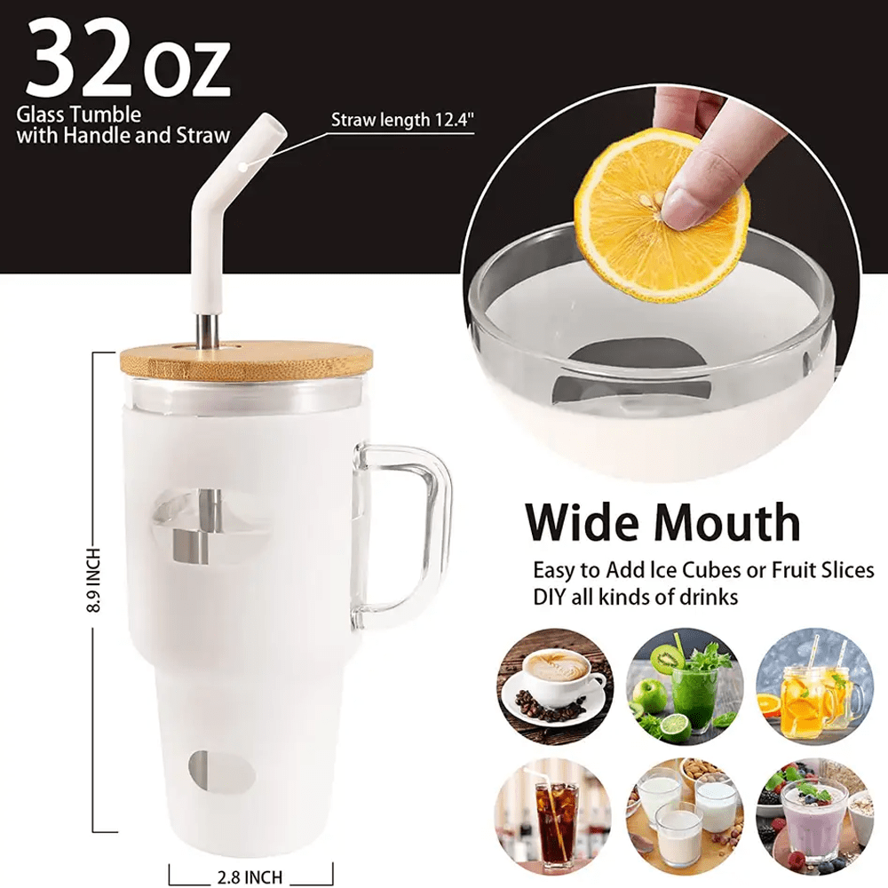 32 Oz Glass Tumbler with Bamboo Lid and Straw