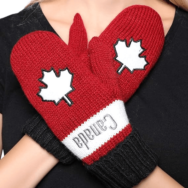 FLEECE LINED EMBROIDERED MAPLE LEAF PATCH MITTENS