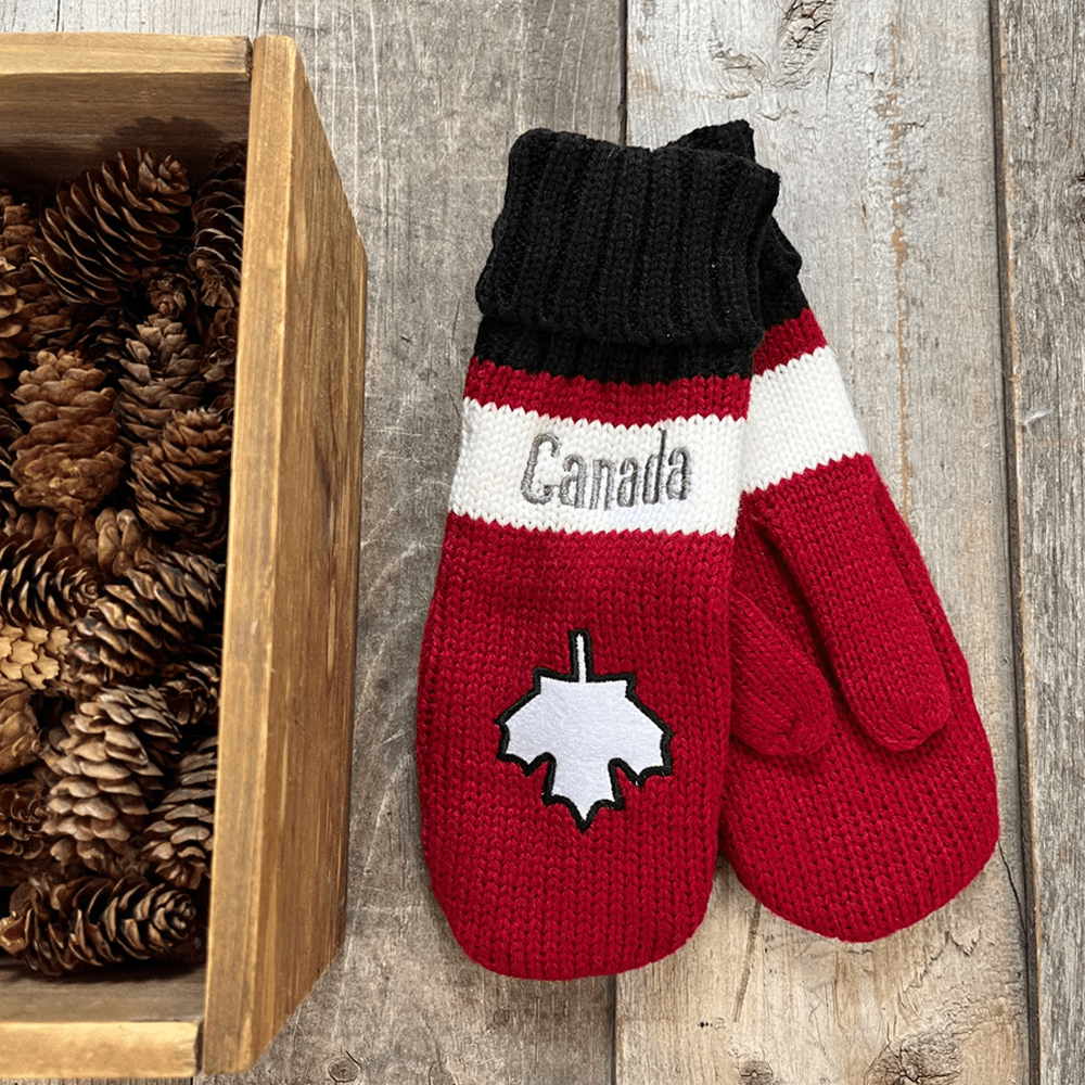 FLEECE LINED EMBROIDERED MAPLE LEAF PATCH MITTENS