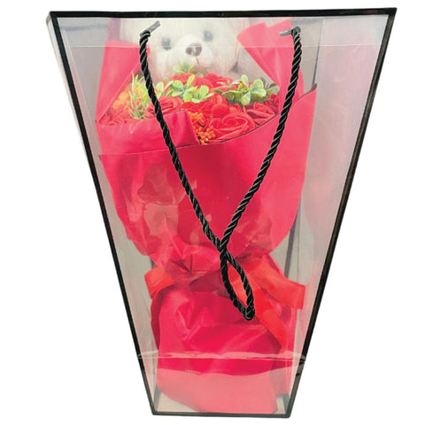GRADUATION BEAR &/ROSE BOUQUET IN GIFT BAG W/ LIGHT - RED COLOUR