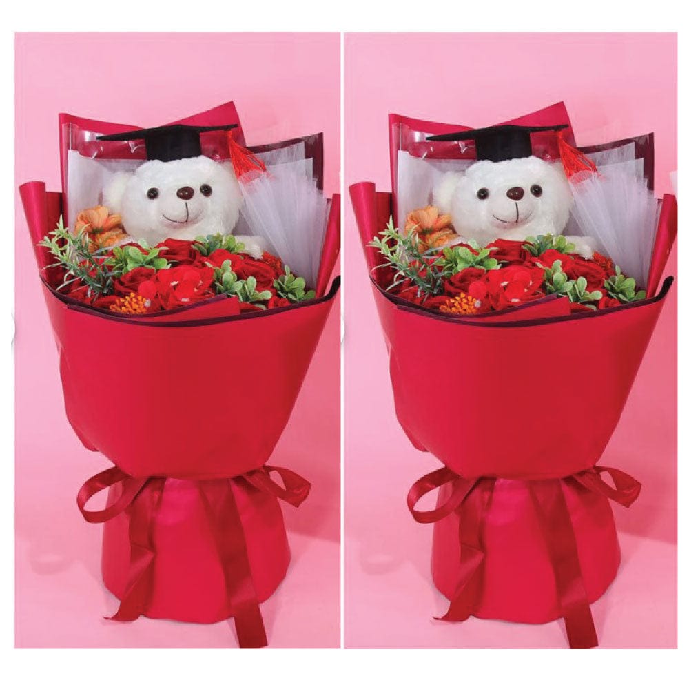 GRADUATION BEAR &/ROSE BOUQUET IN GIFT BAG W/ LIGHT - RED COLOUR