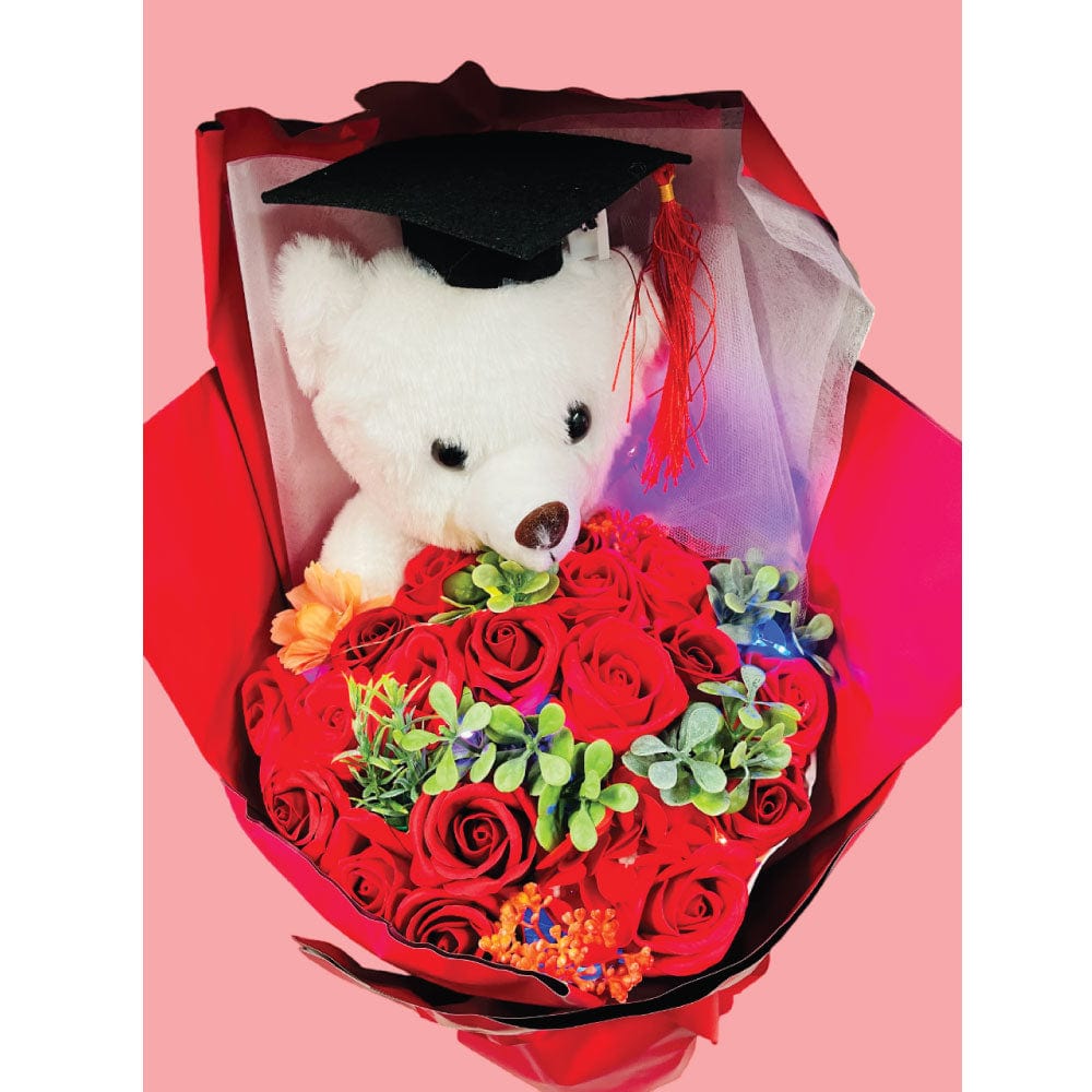 GRADUATION BEAR &/ROSE BOUQUET IN GIFT BAG W/ LIGHT - RED COLOUR