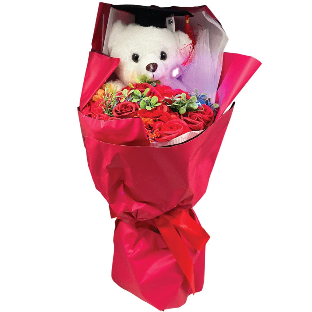 GRADUATION BEAR &/ROSE BOUQUET IN GIFT BAG W/ LIGHT - RED COLOUR