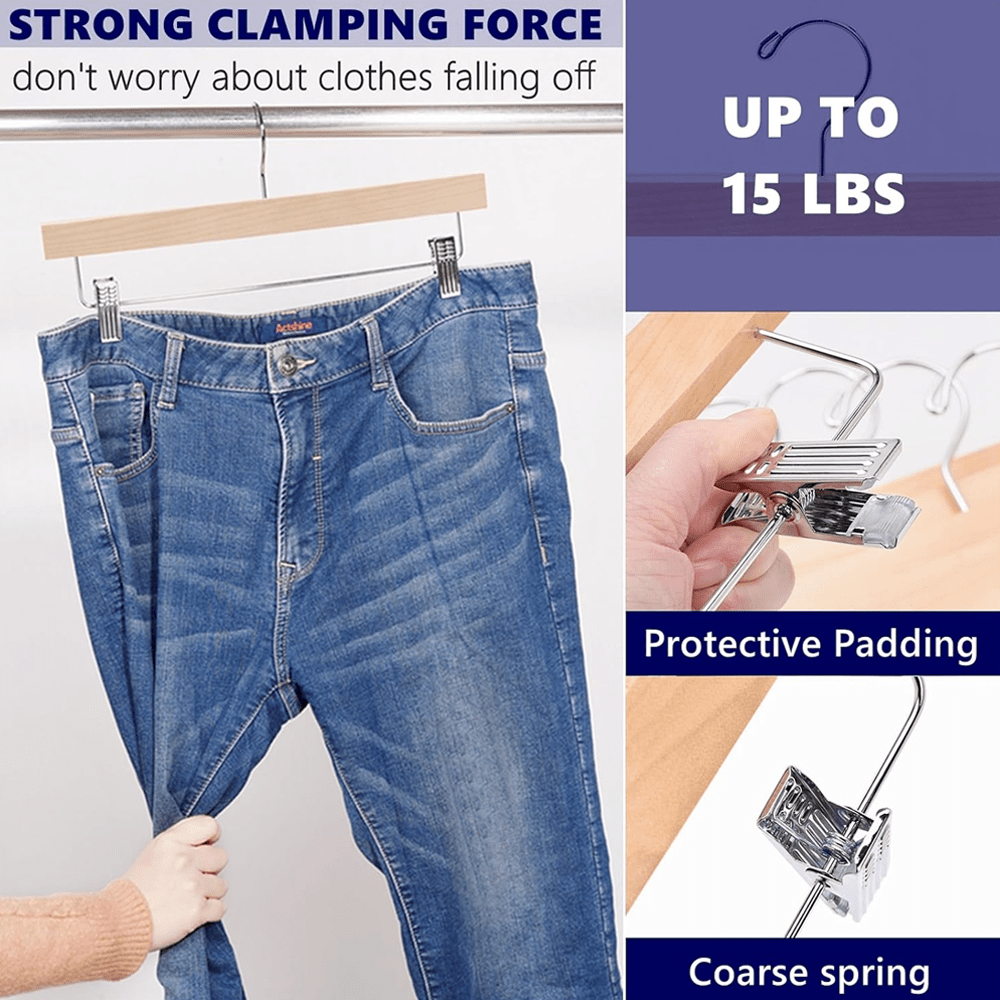 30 Pack Wooden Pant Hanger with Adjustable Cushion Clips for Skirt/Pants