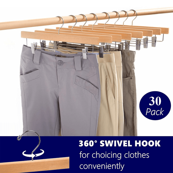30 Pack Wooden Pant Hanger with Adjustable Cushion Clips for Skirt/Pants