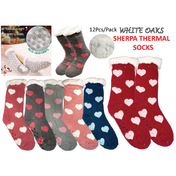 Winter Sherpa Thermal Socks Hearts Printed Fleece Lined Cozy Warm Non-Slip Slipper Socks for Women & Girls