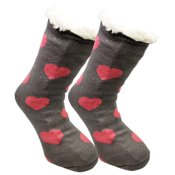 Winter Sherpa Thermal Socks Hearts Printed Fleece Lined Cozy Warm Non-Slip Slipper Socks for Women & Girls