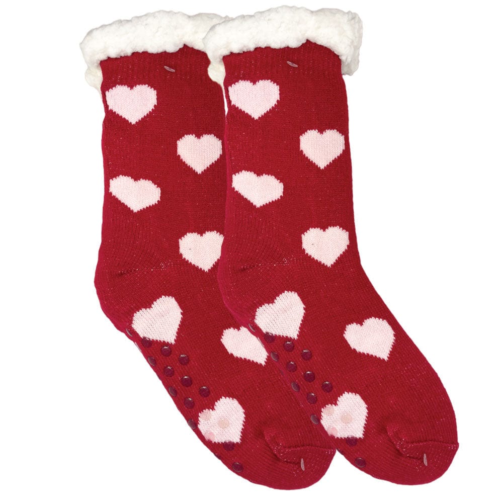 Winter Sherpa Thermal Socks Hearts Printed Fleece Lined Cozy Warm Non-Slip Slipper Socks for Women & Girls