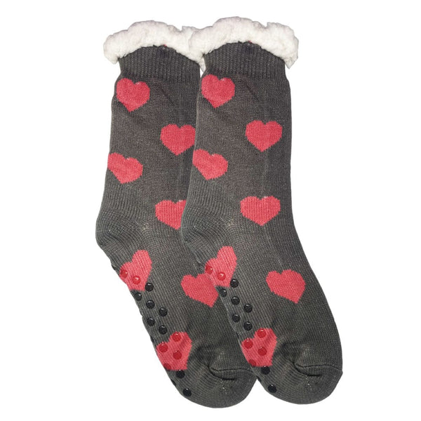 Winter Sherpa Thermal Socks Hearts Printed Fleece Lined Cozy Warm Non-Slip Slipper Socks for Women & Girls