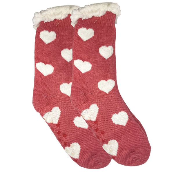 Winter Sherpa Thermal Socks Hearts Printed Fleece Lined Cozy Warm Non-Slip Slipper Socks for Women & Girls