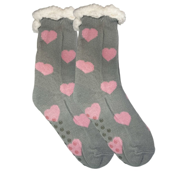 Winter Sherpa Thermal Socks Hearts Printed Fleece Lined Cozy Warm Non-Slip Slipper Socks for Women & Girls