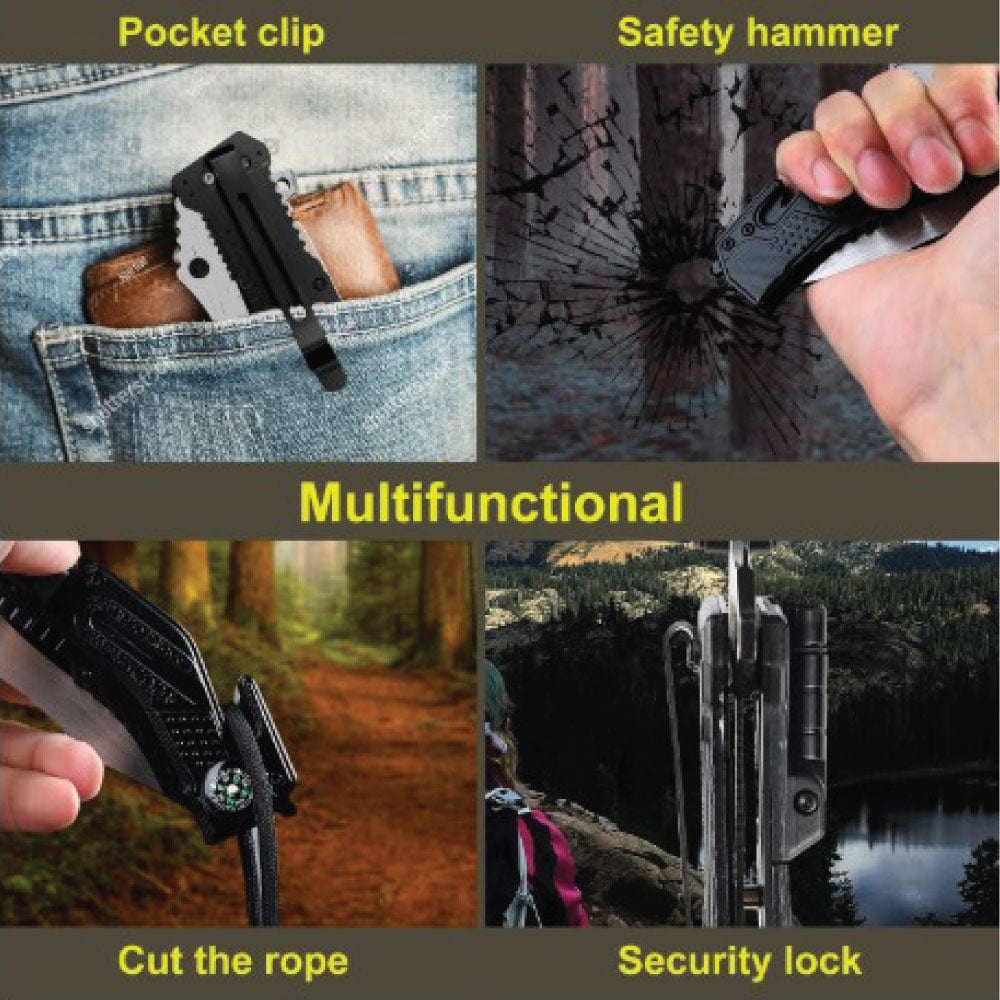 TACTICAL POCKET KNIFE 5IN1 FLASHLIGHT, COMPASS, ROPE CUTTER, BELT CLIP, GLASS BREAKER