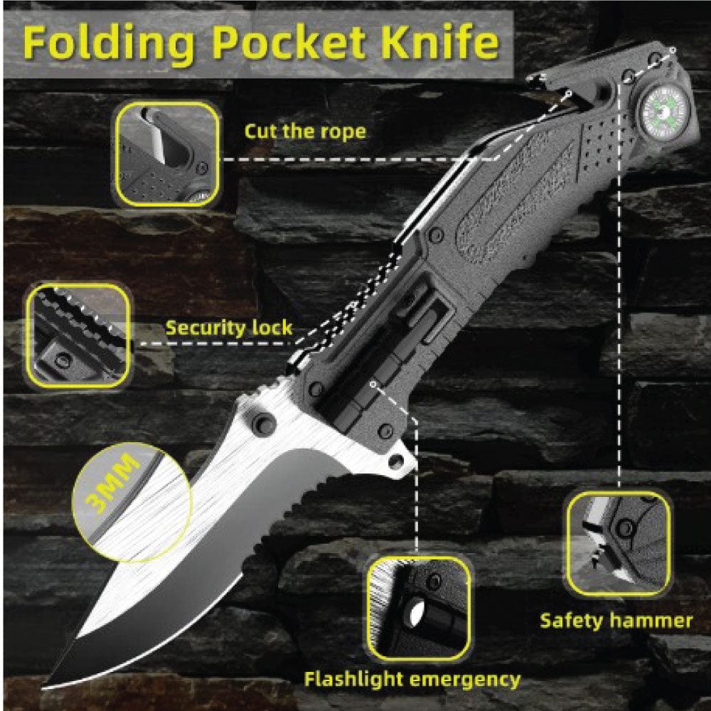 TACTICAL POCKET KNIFE 5IN1 FLASHLIGHT, COMPASS, ROPE CUTTER, BELT CLIP, GLASS BREAKER