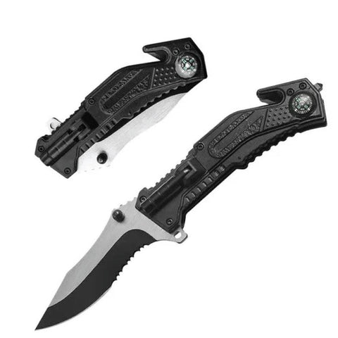 TACTICAL POCKET KNIFE 5IN1 FLASHLIGHT, COMPASS, ROPE CUTTER, BELT CLIP, GLASS BREAKER