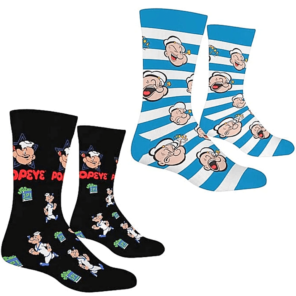 2 PAIRS POPEYE THE SAILOR MAN UNISEX LICENSED NOVELTY CREW SOCKS
