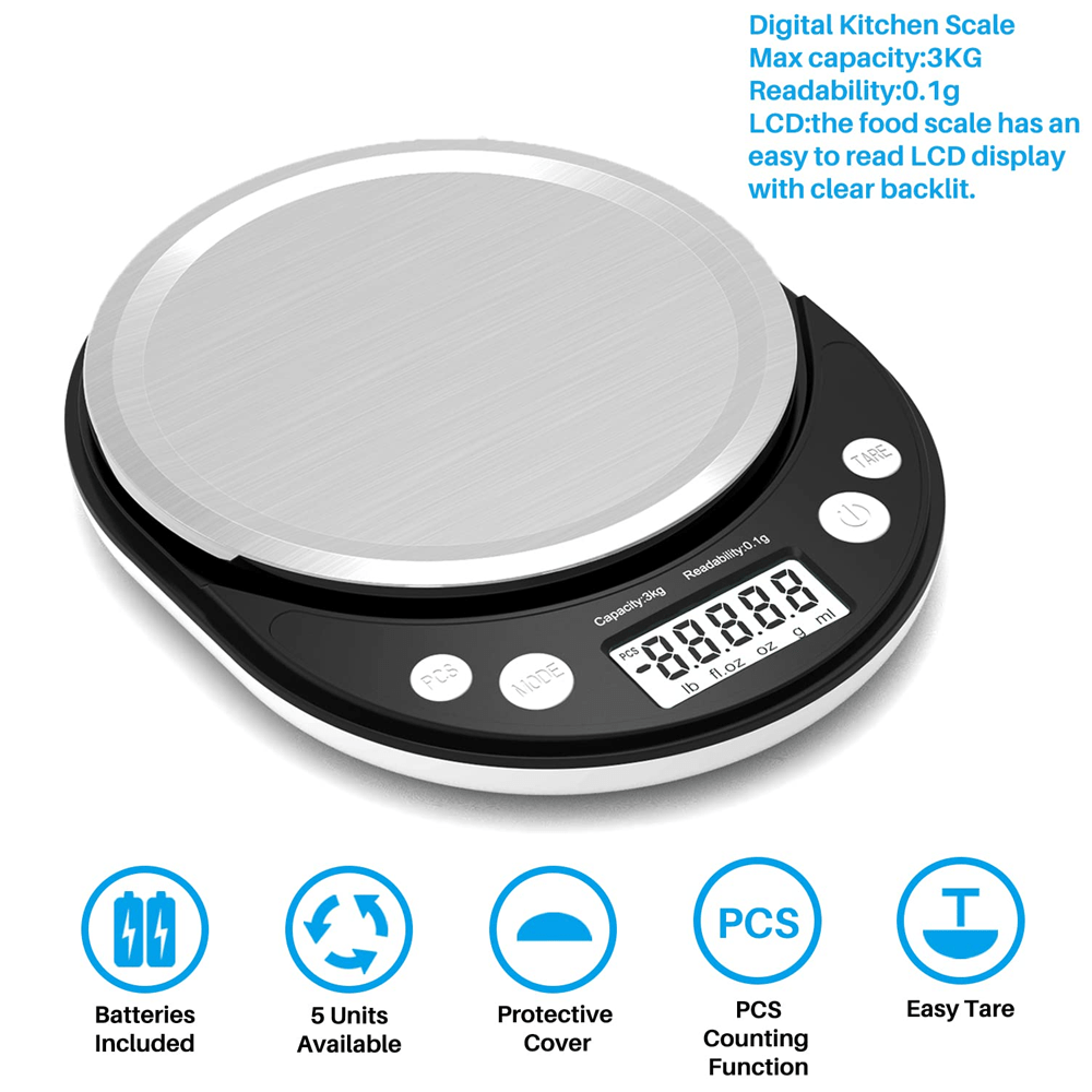 6.6 LBS ELECTRONIC KITCHEN SCALE WITH PROTECTIVE COVER & TRAY