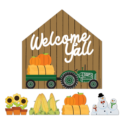 "WELCOME Y'ALL" MDF GREEN TRACTOR WOODEN SIGN WITH 4 INTERCHANGEABLE PARTS