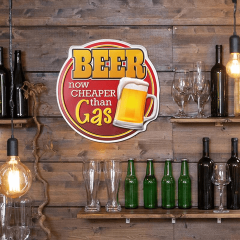 Beer is Cheaper than Gas Embossed Shaped Metal Wall Sign