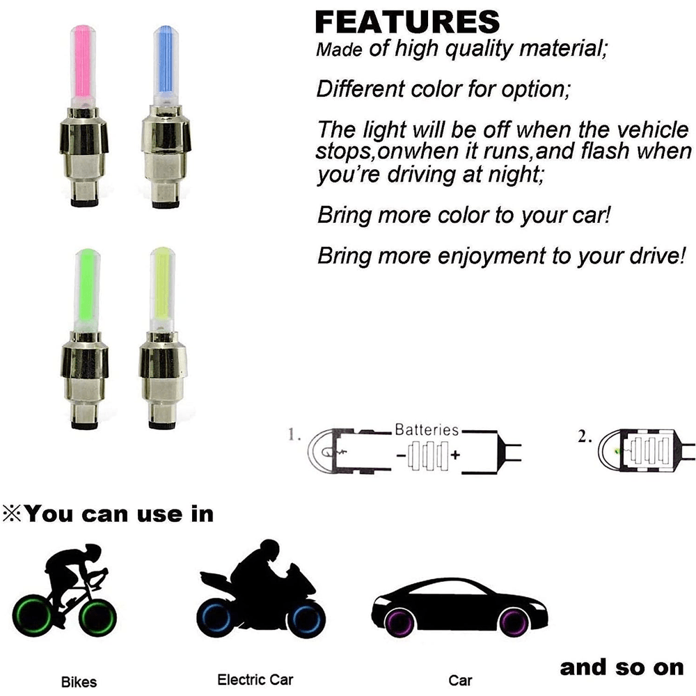 4 Pieces LED Bike Tire Valve Stem Light