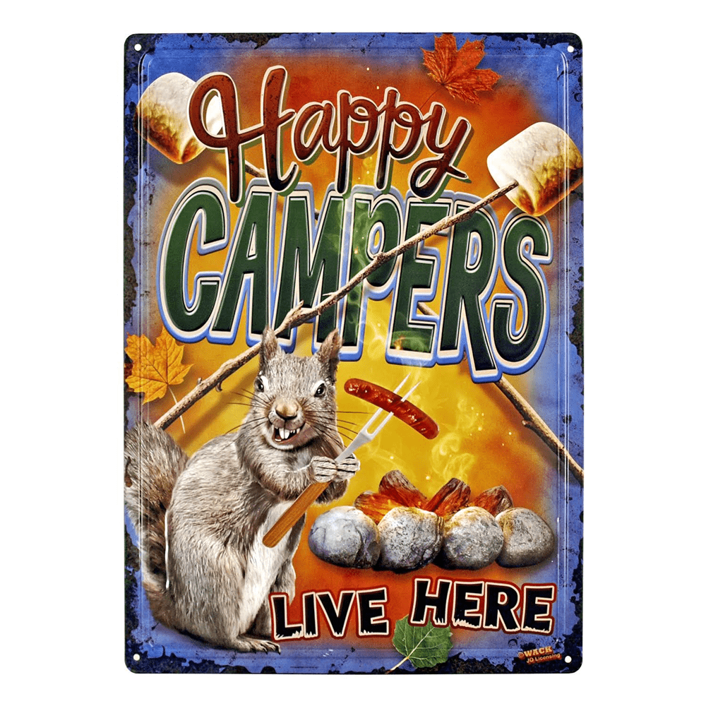 "HAPPY CAMPERS LIVE HERE" TIN METAL SIGN - 12" X 16"