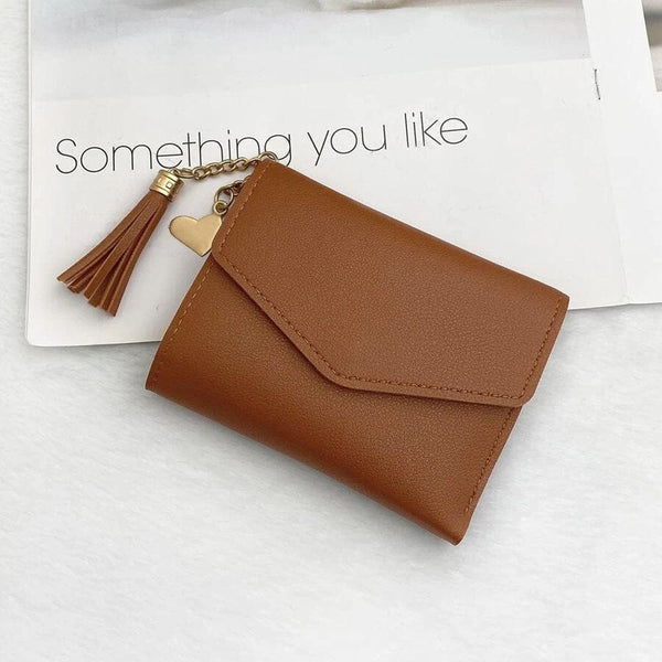 Trendy Minimalist Trifold Wallet with Heart and Tassel Pendant