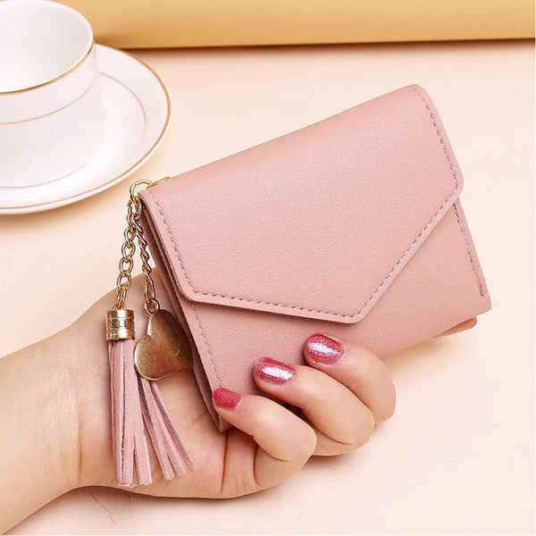 Trendy Minimalist Trifold Wallet with Heart and Tassel Pendant