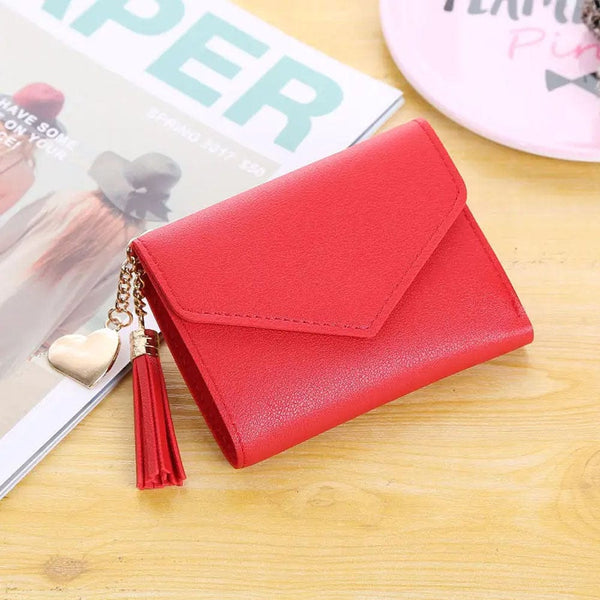 Trendy Minimalist Trifold Wallet with Heart and Tassel Pendant