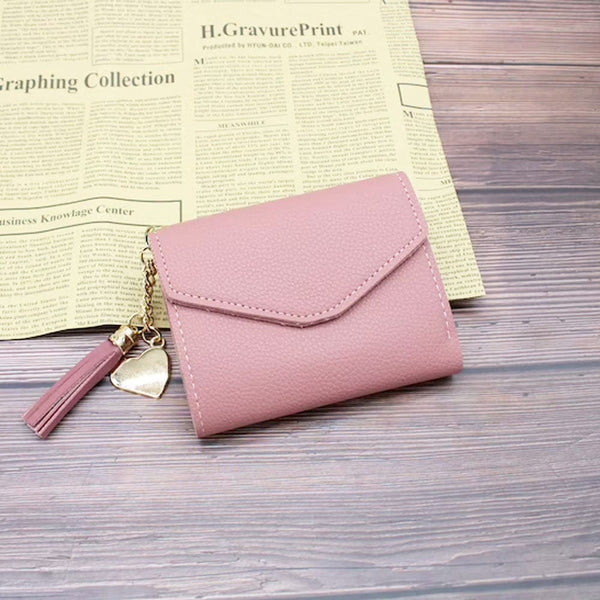 Trendy Minimalist Trifold Wallet with Heart and Tassel Pendant