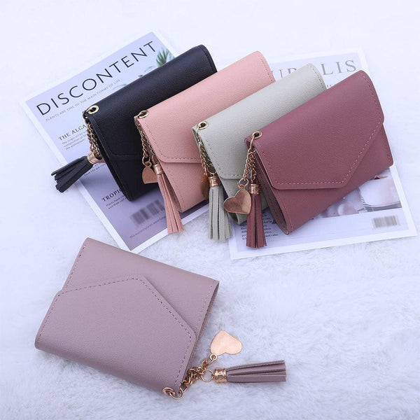 Trendy Minimalist Trifold Wallet with Heart and Tassel Pendant