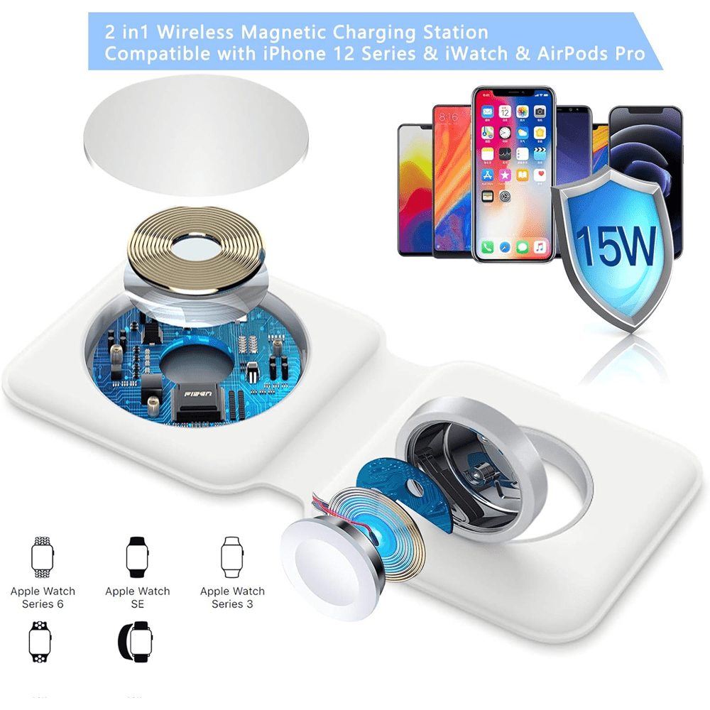 Magnetic Duo Wireless Charger, 2 in 1 Portable Foldable Power Station for Apple Watch 7/6/5/4/3/2, Multiple Device Wireless Charger for iPhone, AirPods