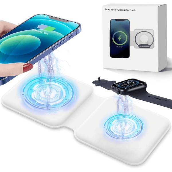 Magnetic Duo Wireless Charger, 2 in 1 Portable Foldable Power Station for Apple Watch 7/6/5/4/3/2, Multiple Device Wireless Charger for iPhone, AirPods