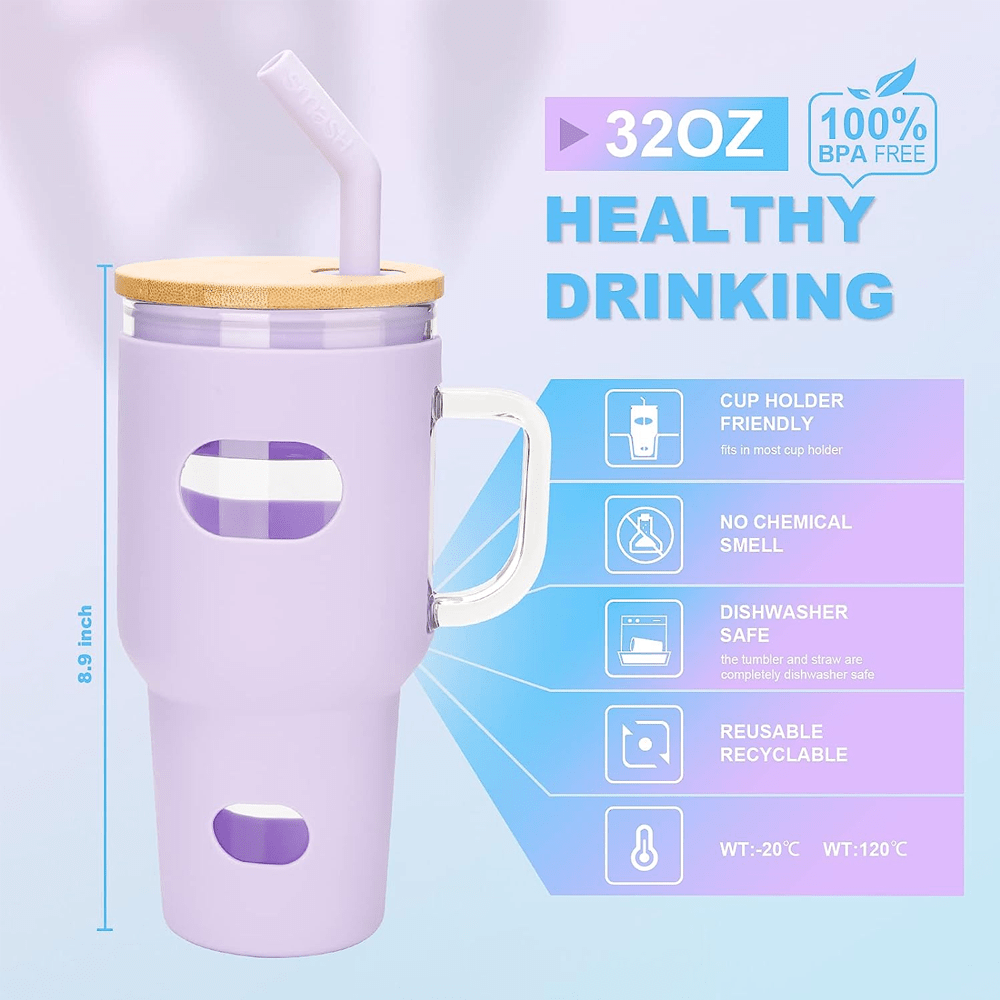 32 Oz Glass Tumbler with Bamboo Lid and Straw