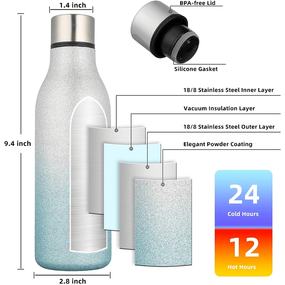 18oz Stainless Steel Double-Walled Glittery  Water Bottle