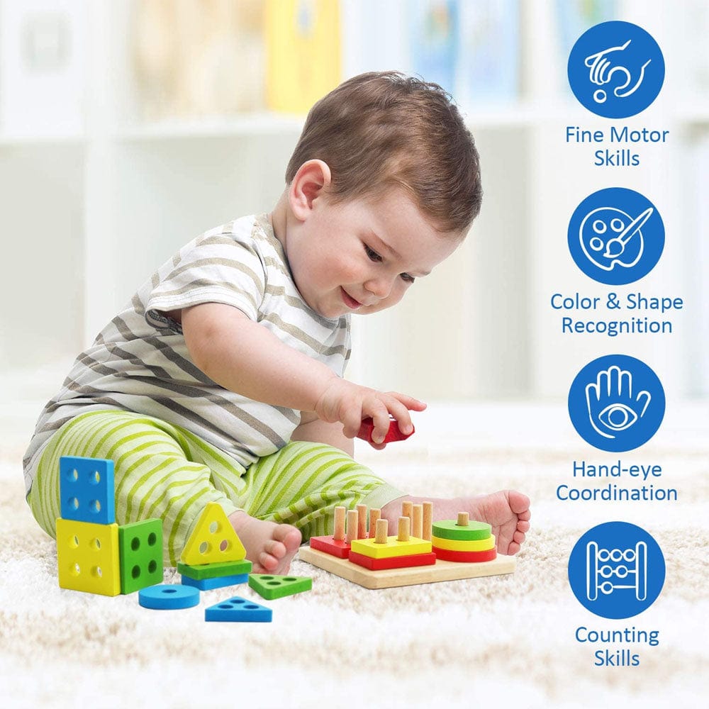 Geometric Color and Shape Stacking Wooden Toy