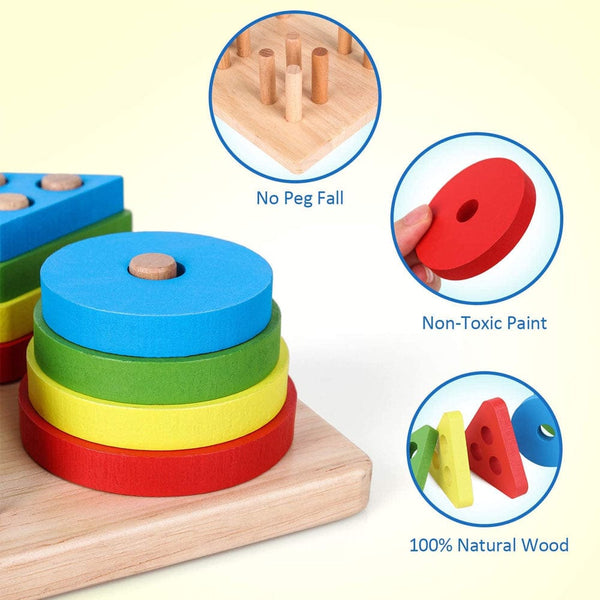 Geometric Color and Shape Stacking Wooden Toy