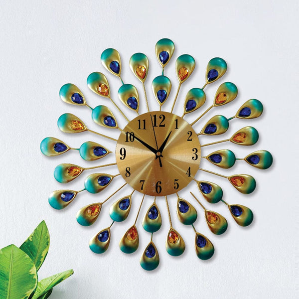 3D Green Peacock Feather Diamond Studded Wall Clock