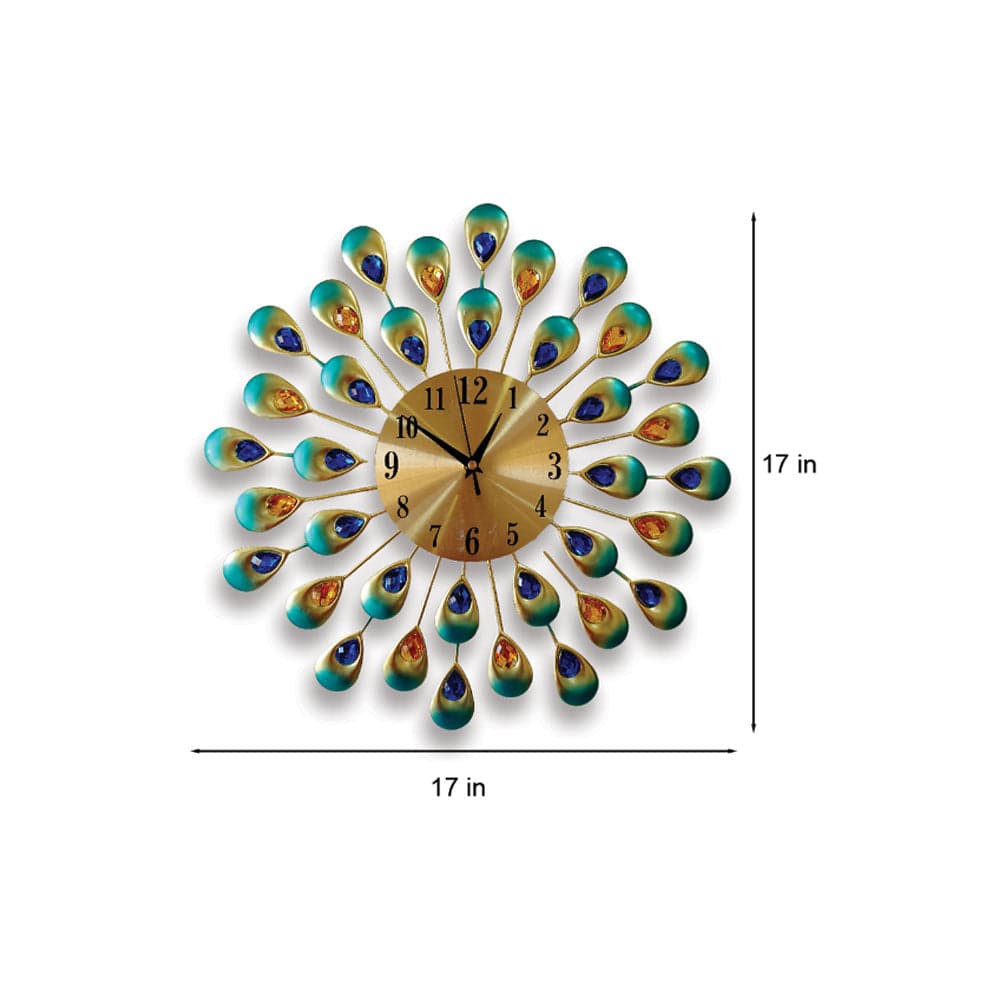 3D Green Peacock Feather Diamond Studded Wall Clock