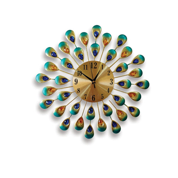 3D Green Peacock Feather Diamond Studded Wall Clock